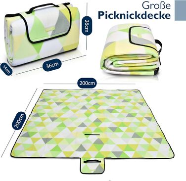 Beautissu XXL Плед для пікніка, водовідштовхувальний, ізольований, 200x200 см, сірий/зелений. Підходить для пляжу, кемпінгу, відпочинку на природі.