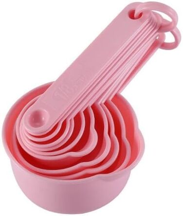 Measuring cup and spoon set, 11-piece plastic measuring cup and spoon set for dry and liquid ingredients, 5 measuring cups and 6 measuring spoon set for kids for cooking and baking, color: Pink