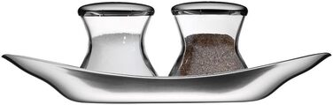 WMF Wagenfeld Shaker Set, 3-piece, Max and Moritz, shaker with plate, salt shaker, pepper shaker, glass, brushed Cromargan stainless steel, dishwasher safe