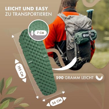 Килимок для кемпінгу NATURBUMMLER® Ultraleicht Cloud Nap+ - надувний, 195x56 см, водостійкий, складаний, для трекінгу, подорожей, фестивалів, природи, зелений