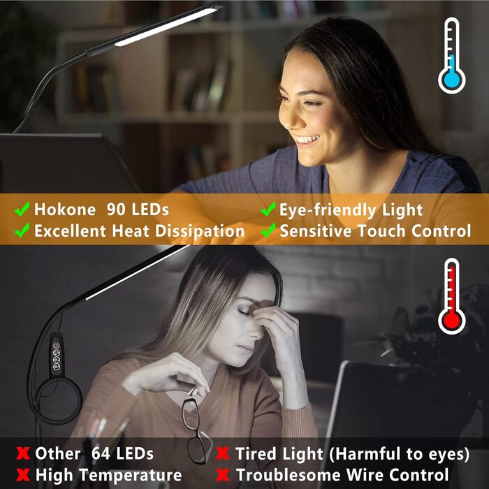 Настільна лампа HOKONE LED з клемою, димер, 4 кольори, 10 рівнів яскравості, гнусий «лебединий шия», 360° регулювання, для офісу, чорна T7-schwarz