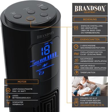 Вентилятор підлоговий Brandson з дистанційним керуванням, 96 см, тихий, з осциляцією, 3 швидкості, 3 режими, таймер, сертифікат GS, сірий (A: Космос Чорний)