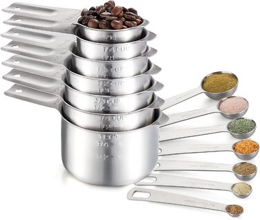 Stainless Steel Measuring Cups & Spoons 14-Piece Set Kitchen Accessories, Measuring Cups & Measures, Includes 7 Nesting Metal Measuring Cups and 7 Measuring Spoons for Baking & Cooking