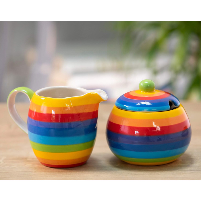 Hand-painted sugar bowl and teapot set with rainbow stripes