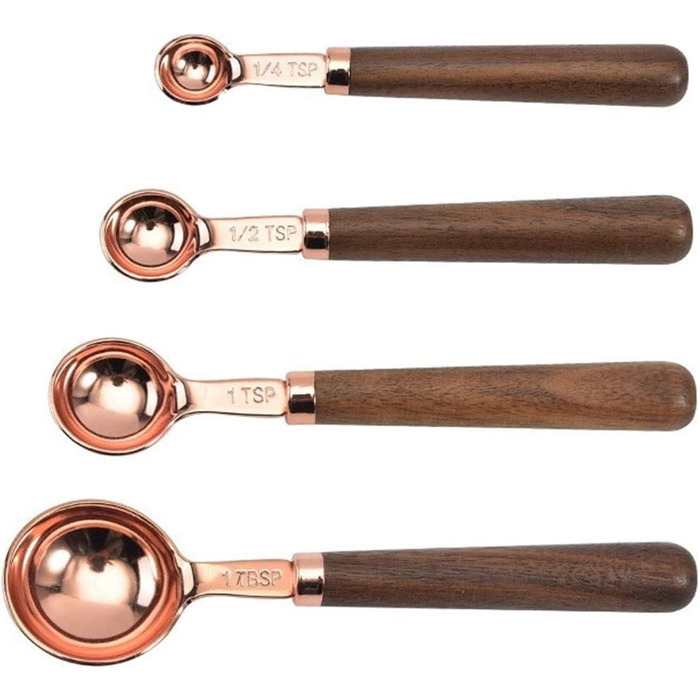 FBHappiness Measuring Spoon, Measuring Spoon with Walnut Handle, Copper-Plated Measuring Spoon, Measuring Cup Set, Kitchen and Baking Utensils (Gold, Measuring Spoons, 4 Pieces) (Golden Measuring Spoons, 4 Pieces)
