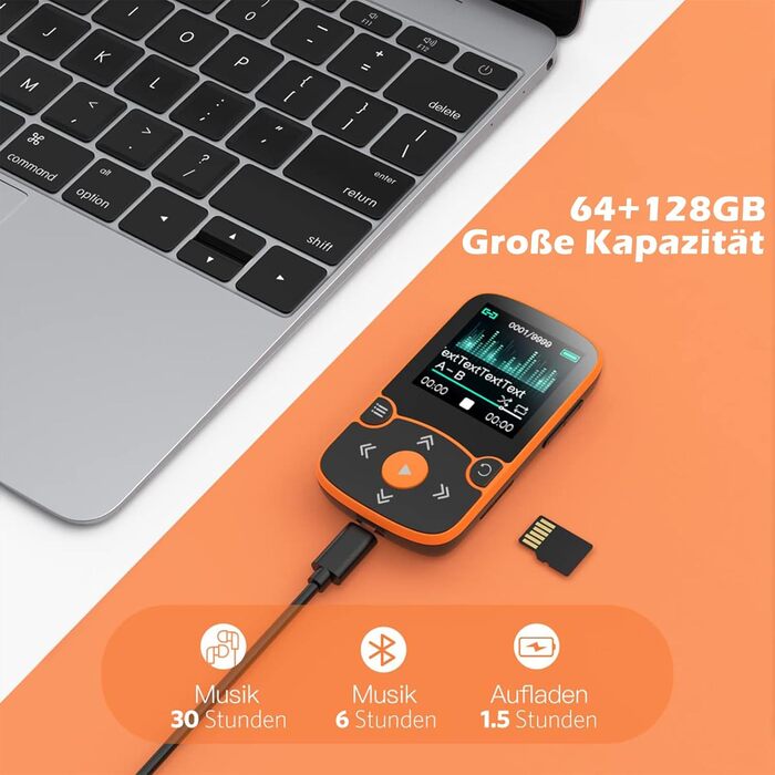 MP3 плеєр AGPTEK Bluetooth 5.0 32GB Orange. Спортивний кліпса-плеєр з TFT екраном 1.5