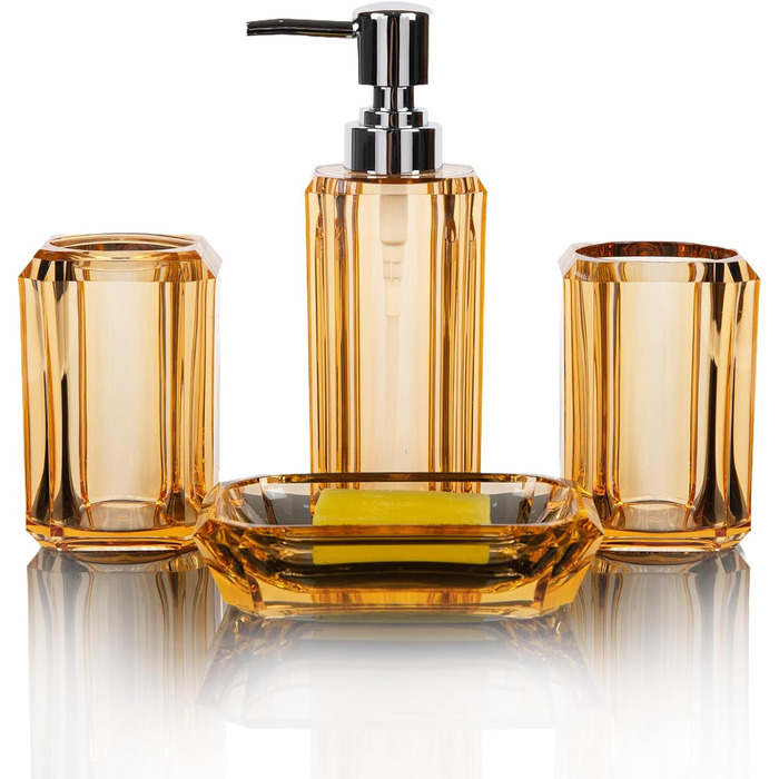 Набір аксесуарів для ванної кімнати з акрилу преміум-якості (4 шт.): дозатор для миючого засобу, диспенсер для лосьйону, мильниця, стакан для ополіскувача, стакан для зубної пасти (чорний/золотий)