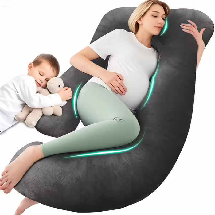 Chilling Home Pregnancy Pillow J Shape, Side Sleeper Pillow with Cover J Pillow Nursing Pillow Large Storage Pillow, Pillow for Women and Side Sleepers (Light Black, Velvet)