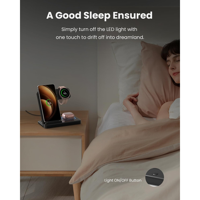 Бездротова зарядка GEEKERA 3-в-1 для Samsung: S25/S24/S23/S22, Galaxy Watch 8/7/6/5/4/3, Galaxy Buds (Чорний)