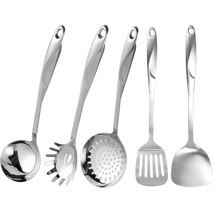 Набір кухонного приладдя IMEEEA 5 шт. з нержавіючої сталі 304, важкий, міцний: лопатка для смаження, половник, шумовка, лопатка з прорізами, ложка для спагеті