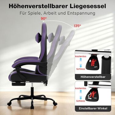 Ігрове крісло Racing Ergonomisch з підніжкою та масажним поперековим подушкою, навантаження до 150 кг, екошкіра, офісне крісло (Чорно-фіолетове)