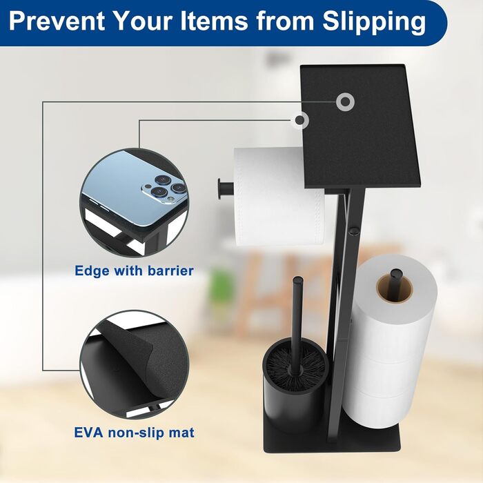 Stainless Steel Toilet Paper Holder with Brush and Wipes Box - Standing Toilet Paper Dispenser with WC Brush and Cover - Black Finish