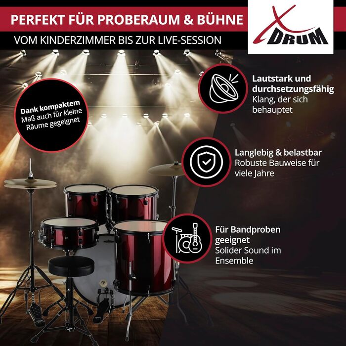 XDrum Rookie 22' барабанний комплект Ruby Red - ідеальний для початківців, стильна фурнітура, з паличками 5B та інструкцією