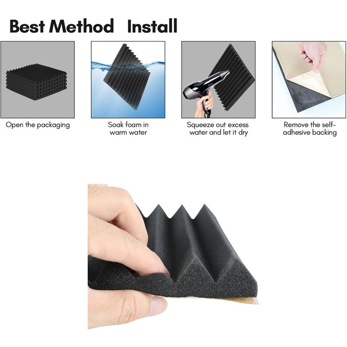 Самоклеящийся акустичний поролон Sonnewelt 5x30x30 см, 3D панелі для звукоізоляції та поглинання ехо, шумопоглинаючі плитки для студії, офісу та дому (48 шт, чорний, піраміда)