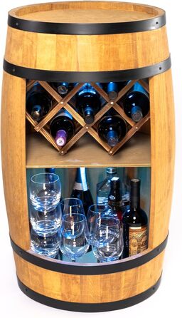CREATIVE COOPER Fass bar LED RGB with wine holder - wine rack - wooden barrel home bar 80x50cm - rustic decor bar cabinet wine stand – wine cabinet (Light Brown)