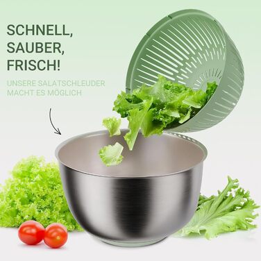 Салатниця-центрифуга з нержавіючої сталі, 500 г об'єму, 5 л, ручний привід з ручкою, неслизький кришка та випуск води, придатна для миття в посудомийній машині, ідеальна для свіжих салатів та овочів