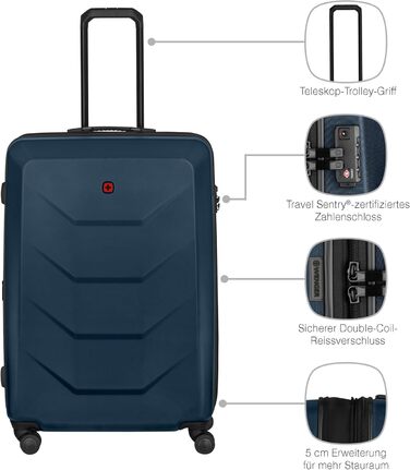 WENGER Pryo hard-shell suitcase with 4 wheels, trolley, medium-sized, 59 (67) l, security lock, for men, travel, vacation, 612537 (Blue, L)