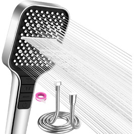 Насадка для душу VEHHE з економним споживанням води, 7 режимів, дощова лійка з кнопкою зупинки, регулюванням однією рукою та силіконовою форсункою, що запобігає засміченню, велика душова лійка з підвищенням тиску (срібна) (7 режимів / срібна / з шлангом)