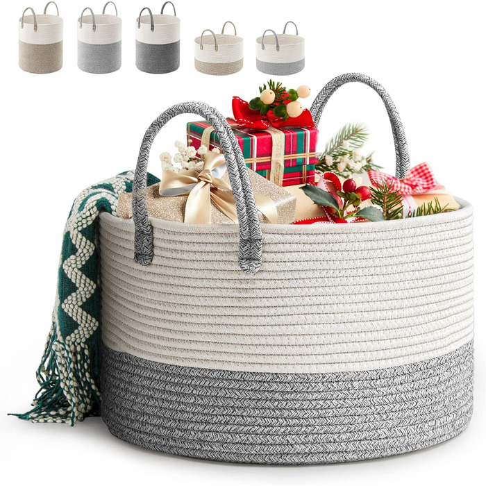 Rieeyrslza Laundry Basket for Blankets 32L Woven Laundry Collector Cotton Rope Basket Foldable Versatile Storage Basket with Handles Suitable for Living Room and Bedroom (Gray) Gray 40 x 25 Cm