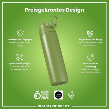 Ion8 Stainless Steel Drinking Bottle, 600 ml, Leak-Proof, One-Hand Operation, Secure Locking Mechanism, Dishwasher Safe, Flip-Top Lid, Carrying Handle, Easy to Clean, Durable & Scratch-Resistant (Stainless Steel, Khaki Green)