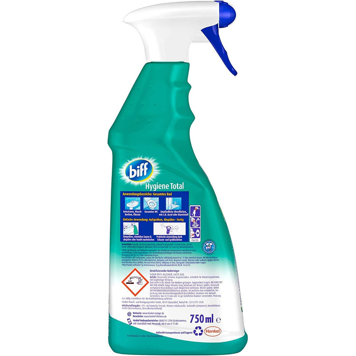 Засіб для чищення ванної кімнати Biff Bad Total Hygienische Frische проти вапна та бруду, гігієнічна свіжість, спрей (набір 8 x 750 мл)