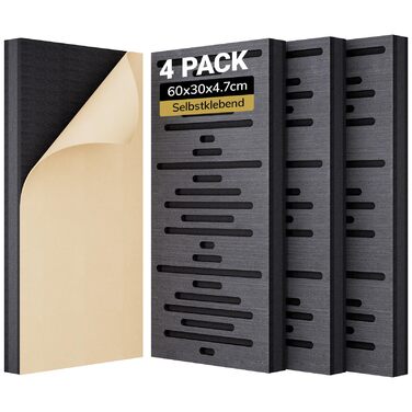 Акустичні панелі TONOR з дерев'яним шпоном, самоклеючі (4 шт, 60x30x4.7 см), звукопоглинаючі стінові панелі для обробки та декору вітальні або офісу, чорні