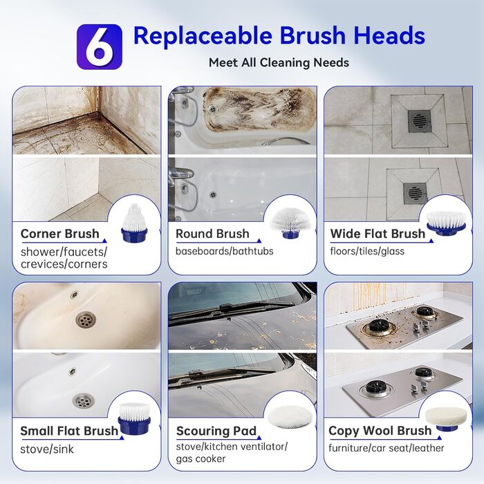 Електрична щітка для чищення, бездротова, 6 насадок, для кухні, авто, підлоги (чорно-синій)