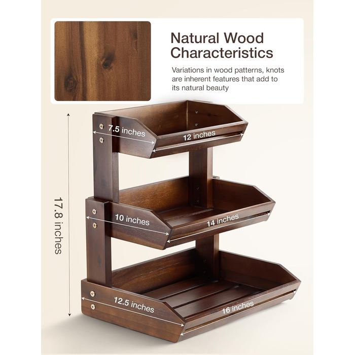 Двоярусна фруктова корзина HOLANA з дерева для стільниці – органайзер для фруктів, овочів та закусок (горіх)