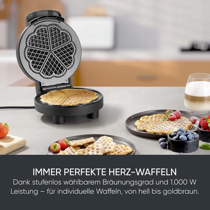 Severin Black Line Heart Waffle Maker - PFAS-Free Coating, Indicator Light, Cord Storage, 1000W - WA 2117