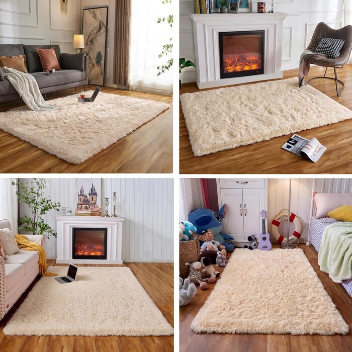 Пухнастий килим Hochflor, для вітальні, м'який, з антиковзаючою основою, можна прати, 120x160 см, бежевий