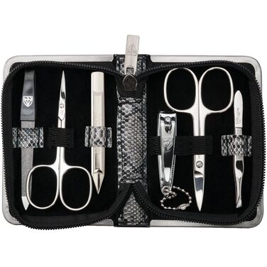 Набір манікюру DREI SCHWERTER 'Ravenna' 6 предметів | Комплект догляду за нігтями в екошкіряному футлярі з імітацією зміїної шкіри. В комплекті: ножиці для нігтів, щипчики для кутикули, кусачки для нігтів, напільник із сапфіру, засіб для очищення нігтів, 