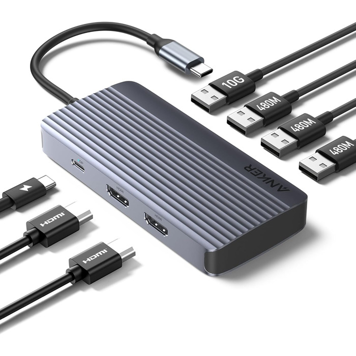 Хаб USB-C Anker 7-в-1: Док-станція з двома HDMI, 100W живлення, 10Gbit/s, USB для MacBook, Dell, iPad
