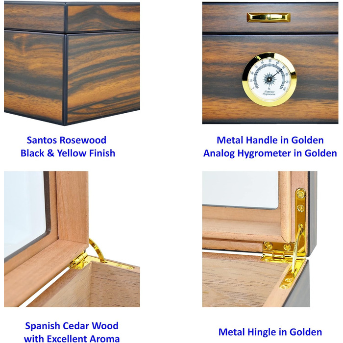 Вологозбережувач для сигар Eitida на 25-50 сигар з дисплеєм з загартованого скла, ручної роботи, з іспанського червоного кедру з перегородкою, зволожувачем та гігрометром, чорний ебоніт (Сантос Палісандр)
