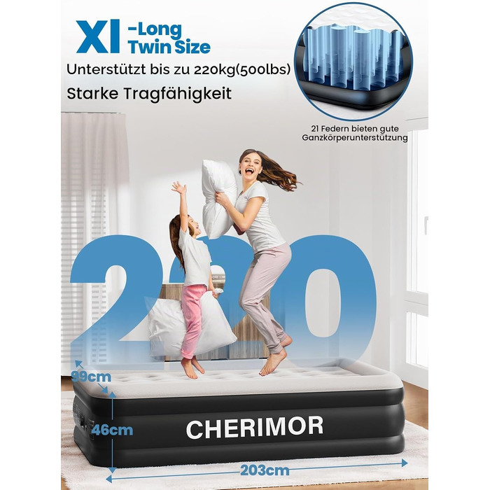 Самонадувний матрац CHERIMOR для дому та кемпінгу, 203x99x46 см, чорний (BLA Black), витримує до 220 кг, з сумкою для перенесення