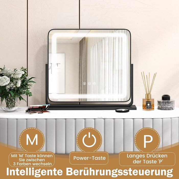 Дзеркало для макіяжу COSTWAY з підсвіткою, 3 режими світла, 5X збільшення, сенсорне керування, поворотне на 360°, 56x48 см