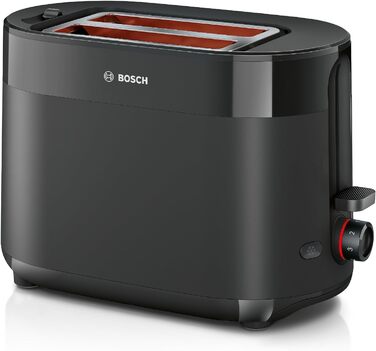 Bosch Compact Toaster MyMoment TAT2M123, integrated bagel attachment, with defrost function, with automatic shut-off, lift function, bread centering, perfect for 2 slices, 800 watts, matte black. Bagel attachment integrated, black.