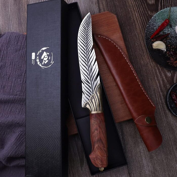 PURPLEBIRD Fillet Knife Sharp De-boning Knife with Wooden Handle, Japanese Cooking Knife with Leather Sheath Outdoor Knife