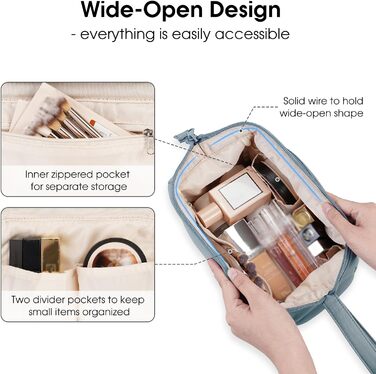 Косметичка для жінок Narwey: дорожня, велика, з широким відкриванням (сіро-блакитний)