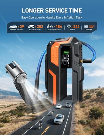 Powerbank AstroAI MF16 6000A з компресором 150PSI: старт для авто, мото, SUV (12V, 10L бензин/8L дизель), LED-дисплей, оранжевий