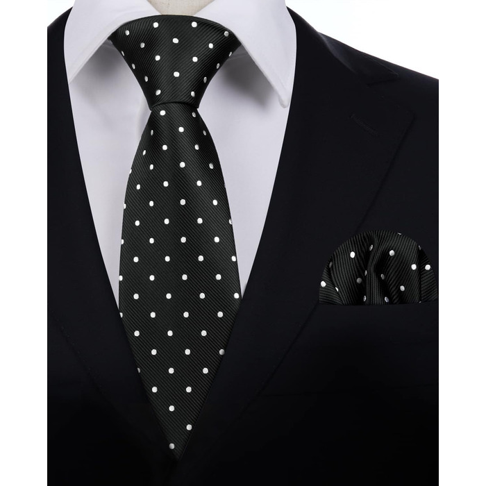 Чоловіча краватка HISDERN з кишеньковим хустинкою в горошок. Класичний стиль для весілля, ділових зустрічей. Чорно-білий комплект, універсальний розмір.