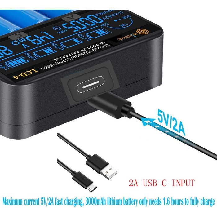 Зарядний пристрій LCD для акумуляторів 18650 з USB Power Bank 2A, для Li-ion/Ni-MH (14500, 16340, 18650, 20700, 21700, 26650, AA, AAA)
