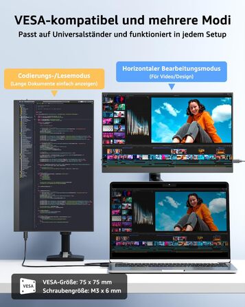 Портативний монітор Yodoit 15.6 дюймів: IPS дисплей FHD 1920x1080, USB-C та HDMI, вбудовані динаміки, захист зору для ПК, ноутбука, Xbox, PS3/4/5, Switch та TV. Чорний колір