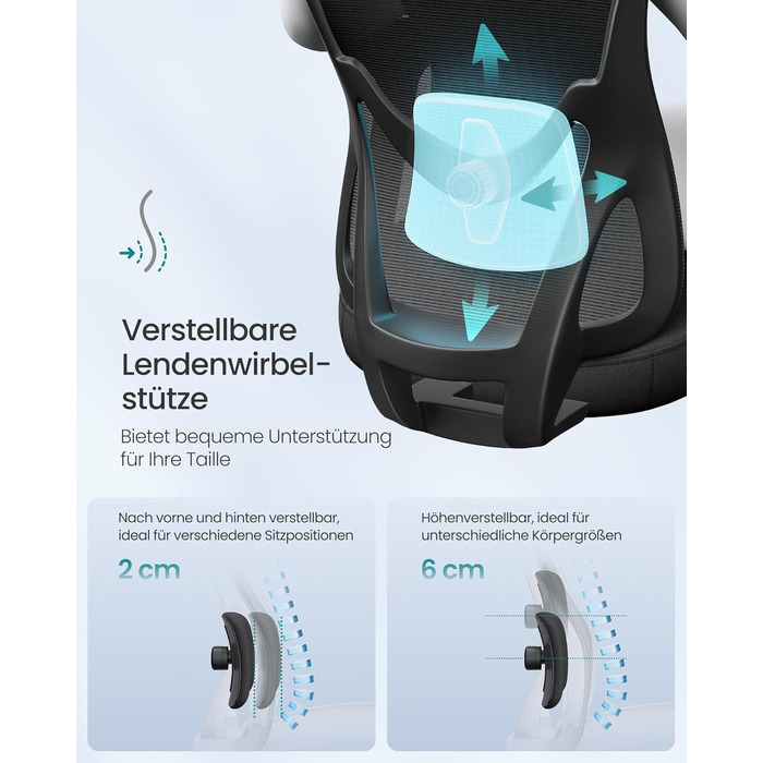 Офісний стілець SONGMICS ергономічний, комп'ютерний стілець, регульована поперекова та підголовна підтримка, до 150 кг, регульована висота, чорний OBN066BH01