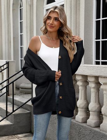 Жіночий в'язаний кардиган Zeagoo з довгими рукавами, з ґудзиками, вільний крій, V-подібний виріз, грубий в'язання, повсякденна куртка, осінь/зима, чорний, XL