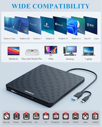 Зовнішній DVD-привід ORIGBELIE, CD-брунер з 4 USB та 2 TF/SD слотами, ультратонкий оптичний накопичувач для ноутбука, ПК, Mac OS, Windows, Linux