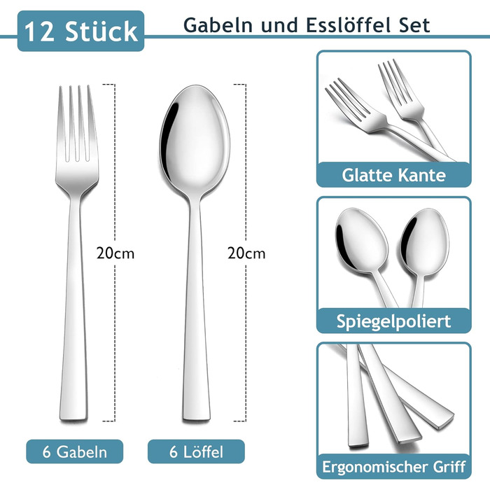 Набір столових приборів Herogo на 6 осіб (36 предметів) з нержавіючої сталі. Включає виделки, ножі, ложки, спеціальні ножі для стейку. Підходить для дому та ресторану, миється в посудомийній машині. Квадратний дизайн.