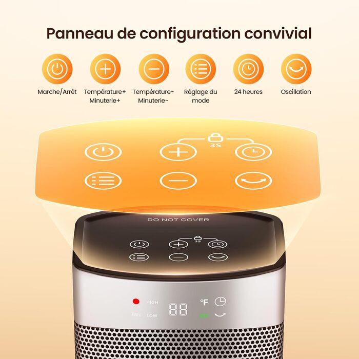 Електричний обігрівач з термостатом 1500W, 70°C, PTC кераміка, тихий, ECO-режим, таймер 24 год, захист від перегріву та перекидання, срібний, 41 см