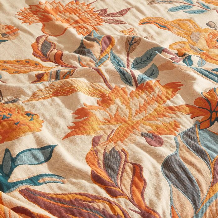 Богемна ковдра Softexly Boho Decke 100% бавовна – двостороння муслінова ковдра 150x200 см, м'яка софа та покривало для ліжка, естетичний дизайн, ідеально підходить для вітальні та спальні, помаранчевий/зелений, Blütentraum