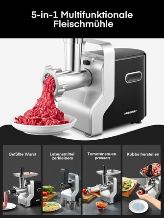 Electric Meat Grinder 5-in-1 - 700W Power, 2800W Max Blocking Capacity, Stainless Steel Grinding Plates (3, 5, 7mm), Sausage Maker, Kubbe Attachment, Black