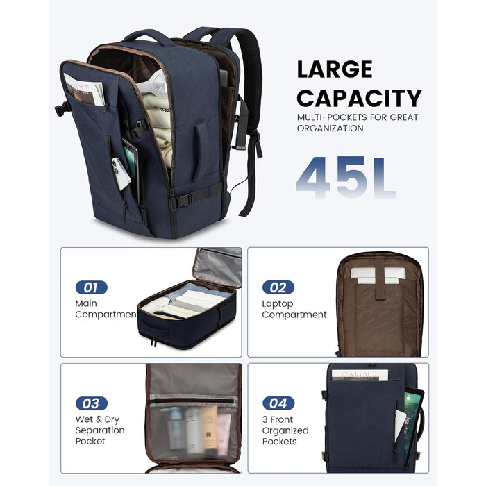 LOVEVOOK Рюкзак-валіза для ручної поклажі, 40L, для подорожей, з відділенням для ноутбука, чоловічий/жіночий, темно-синій